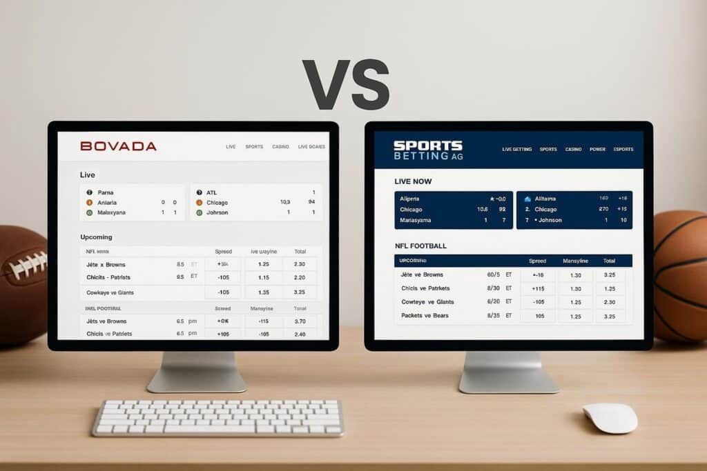 Comparison of Bovada vs SportsBetting on computer screens showcasing live betting options and sports categories ideal for users looking to compare features and odds.