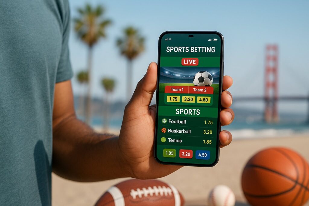 Person using California Sports Betting Apps on a smartphone with sports options in the background showcasing basketball football and tennis enhancing mobile betting experience.