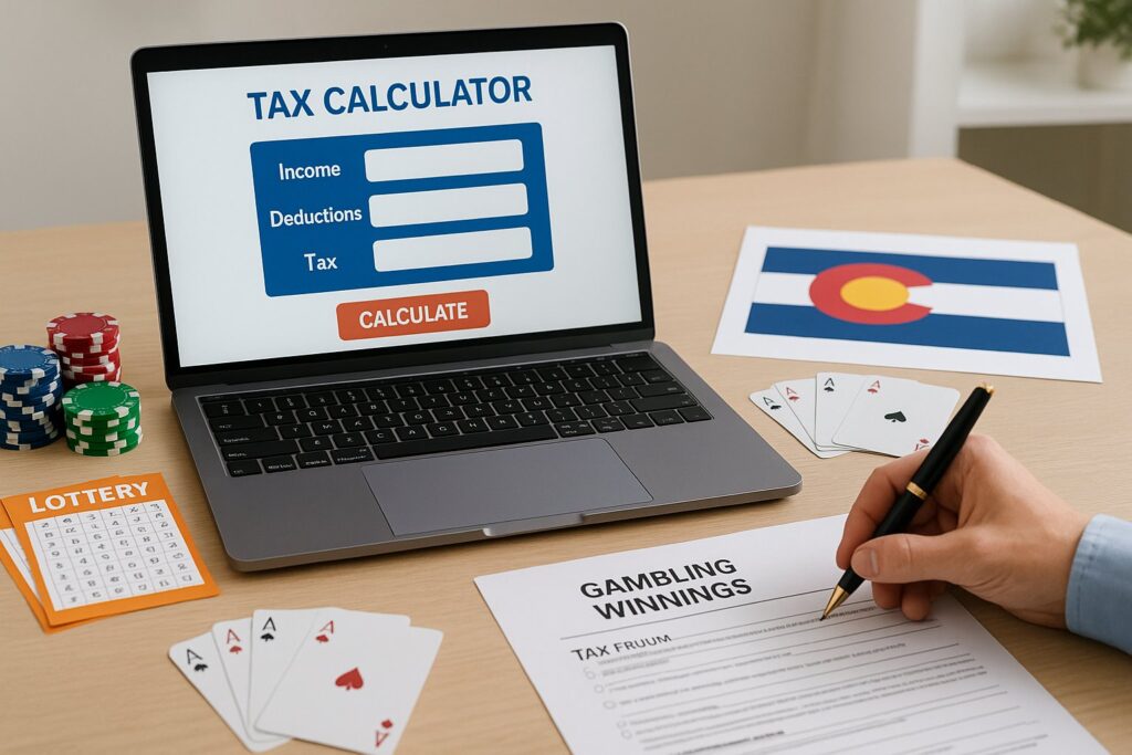 Laptop displaying a tax calculator for Colorado gambling and lottery tax calculations. A person fills out a gambling winnings tax form with Colorado flag nearby.