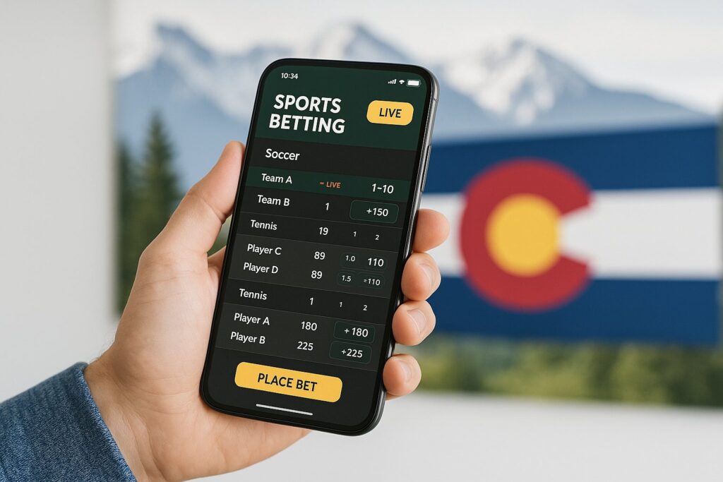 Person using a smartphone with a sports betting app in Colorado demonstrating Colorado Sports Betting Apps and their features in a scenic Colorado backdrop.