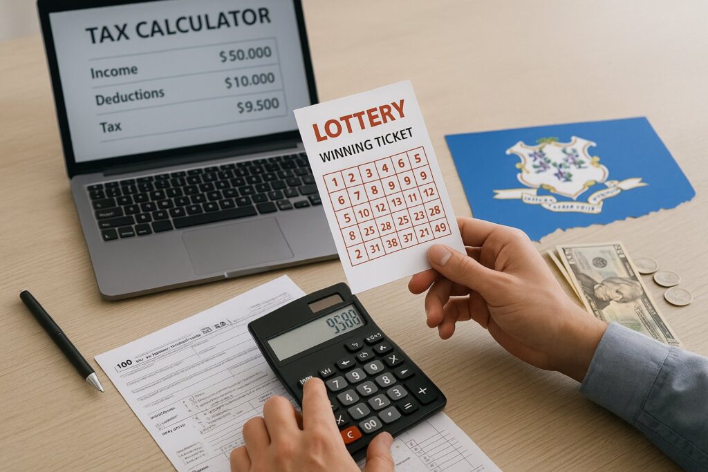 Connecticut Gambling and Lottery Tax Calculator with a person using a calculator and a winning lottery ticket at a desk highlighting taxes and deductions details.