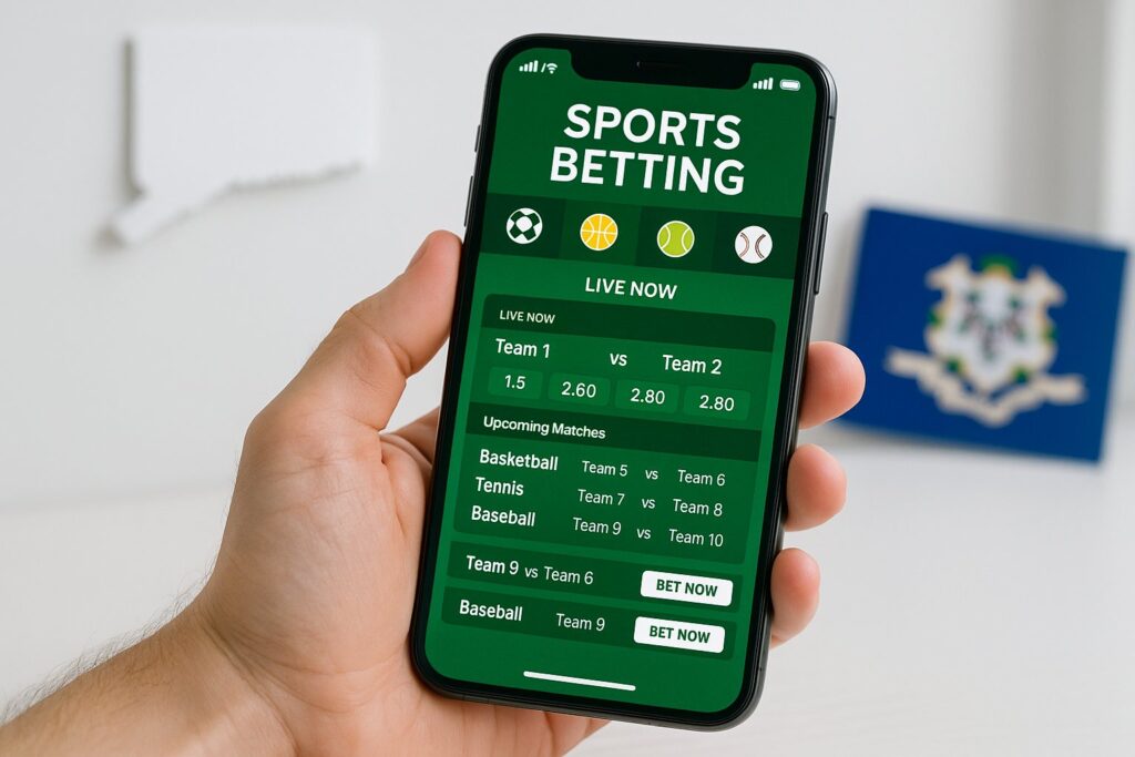 Person holding smartphone displaying a sports betting app with basketball and baseball options, representing Connecticut Sports Betting Apps for live and upcoming matches.
