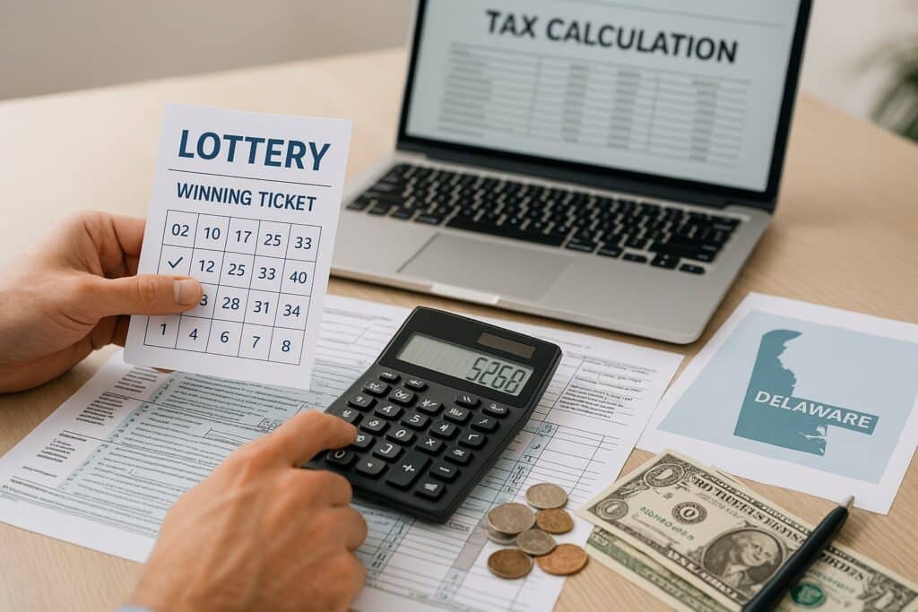 Person using a calculator and holding a lottery ticket while reviewing tax documents. Delaware Gambling and Lottery Tax Calculator for managing winnings and taxes.