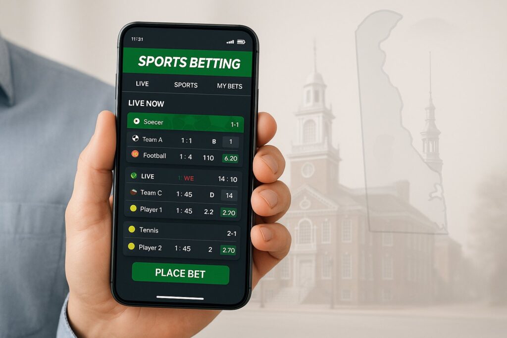 A person holds a smartphone displaying a sports betting app with live scores, highlighting the growing trend of Delaware sports betting apps and their features.