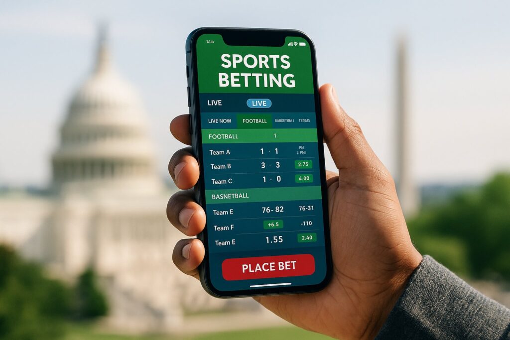 Hand holding smartphone displaying sports betting app with Capitol building in background highlighting popular District of Columbia sports betting apps for enthusiasts.