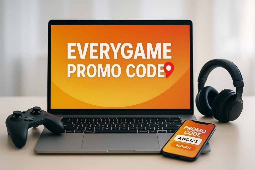 Laptop and smartphone display EveryGame Bonus Code for gaming promotion. Headphones and a controller sit nearby, highlighting the gaming atmosphere and promotional offer.