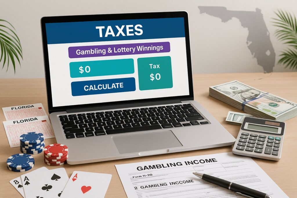 Laptop displaying Florida Gambling and Lottery Tax Calculator with tax values. Desk setup includes cards, poker chips, cash, and a tax form, indicating gambling context.