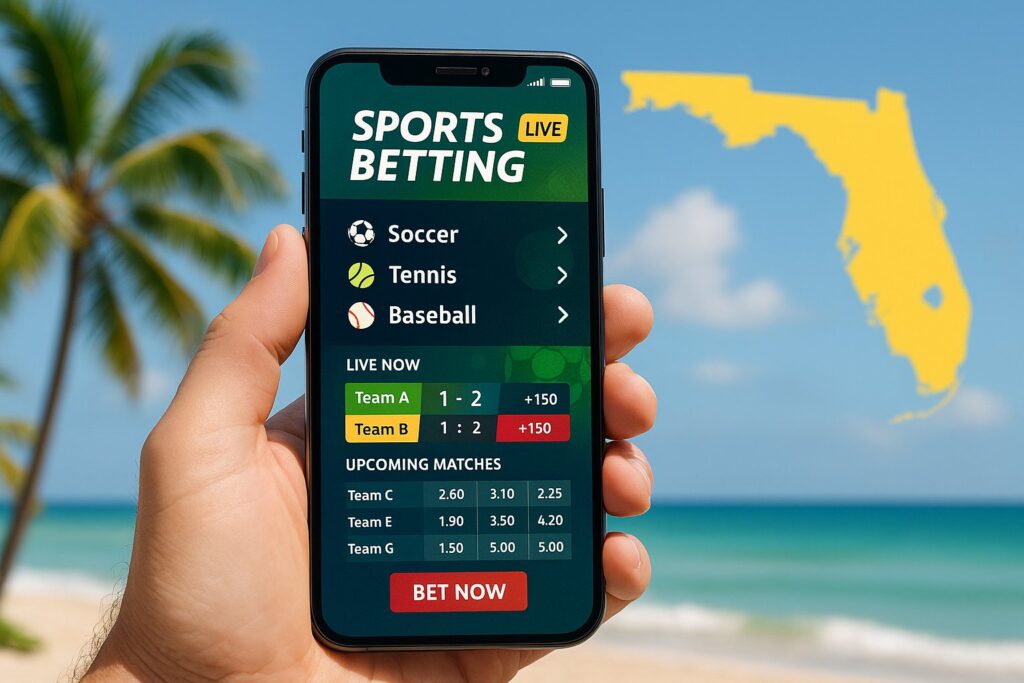 Person using a smartphone showing Florida Sports Betting Apps on a beach with a map of Florida in the background focusing on live betting options for sports enthusiasts.