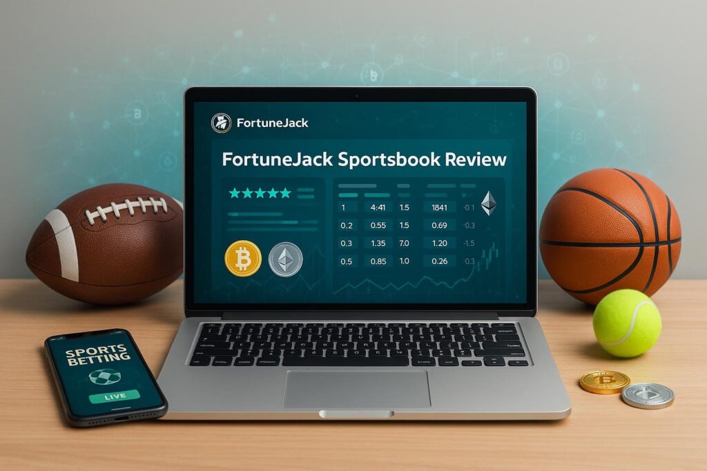 Laptop displaying FortuneJack Sportsbook Review for Crypto Betting with various sports items and cryptocurrency coins, highlighting a modern approach to online sports betting.