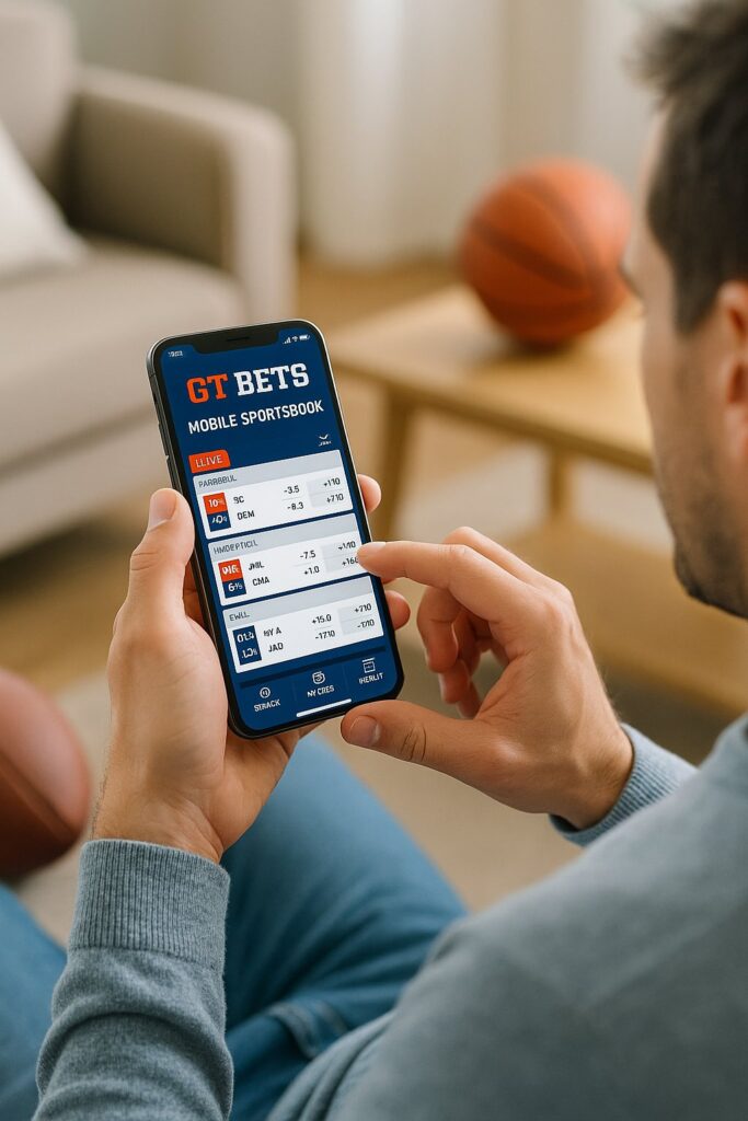 A person interacts with the GT Bets Mobile Sportsbook app enhancing user experience by checking real-time sports betting odds on a smartphone for convenient wagering.