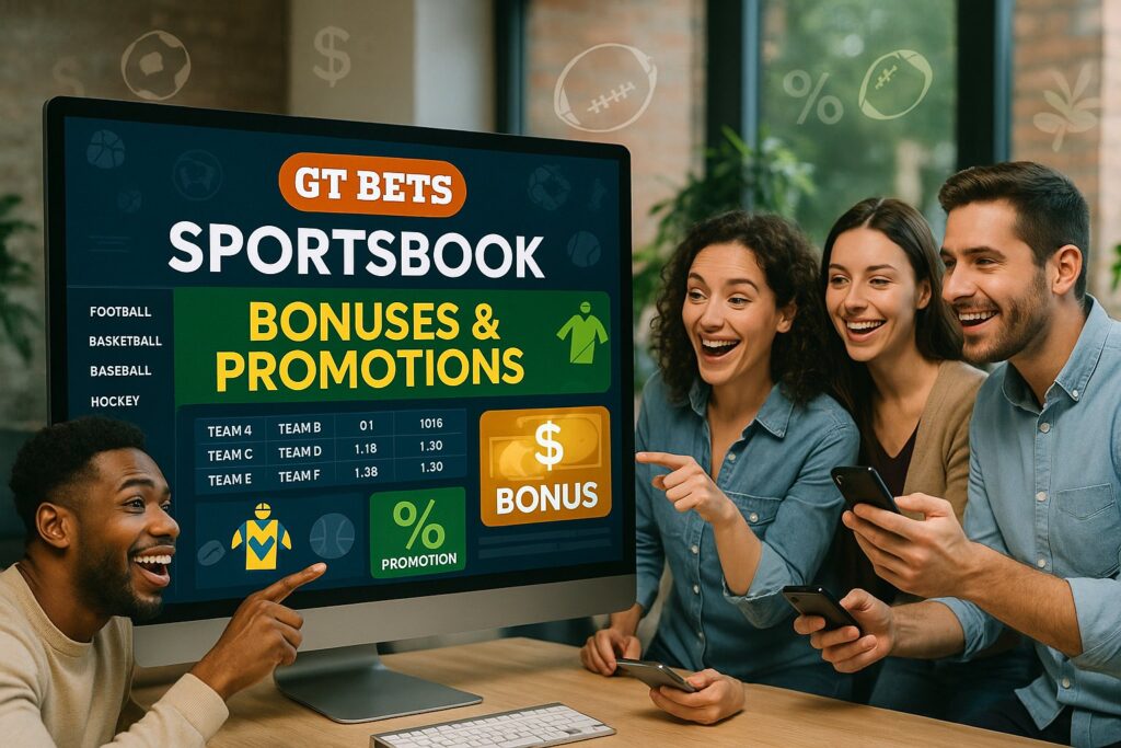 People excitedly pointing at a computer screen displaying GT Bets Sportsbook Bonuses and Promotions highlighting special offers for sports betting fans.