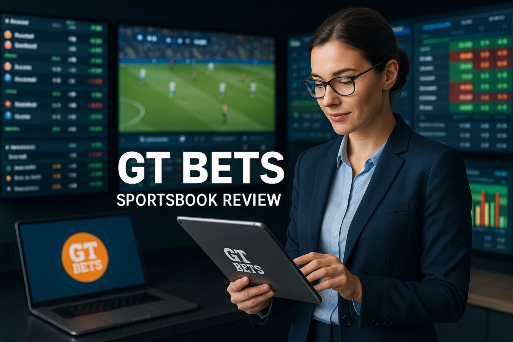 Businesswoman analyzing sports betting data on a tablet with multiple screens in the background displaying sports analytics and GT Bets Sportsbook Review on a laptop.