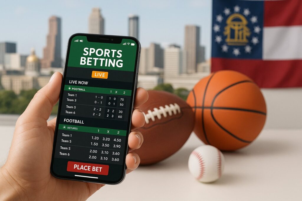 Sports enthusiast using Georgia Sports Betting Apps on a smartphone to place bets, with basketball and baseball set against an urban skyline background.