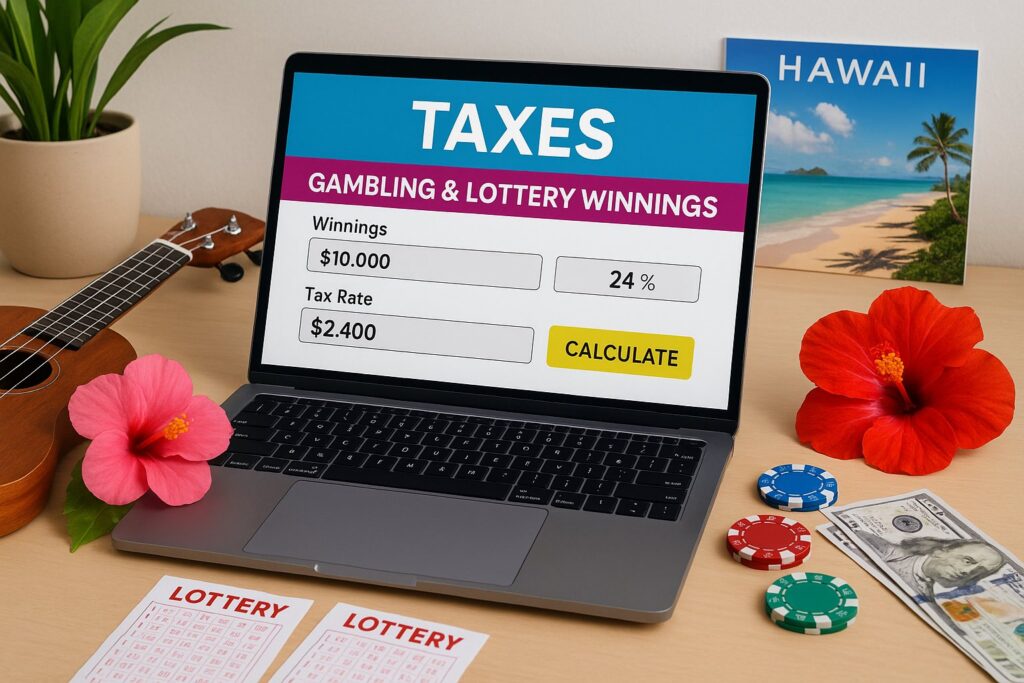 Laptop displaying a Hawaii Gambling and Lottery Tax Calculator with winnings and tax rate next to lottery tickets and Hawaiian decor on a desk.