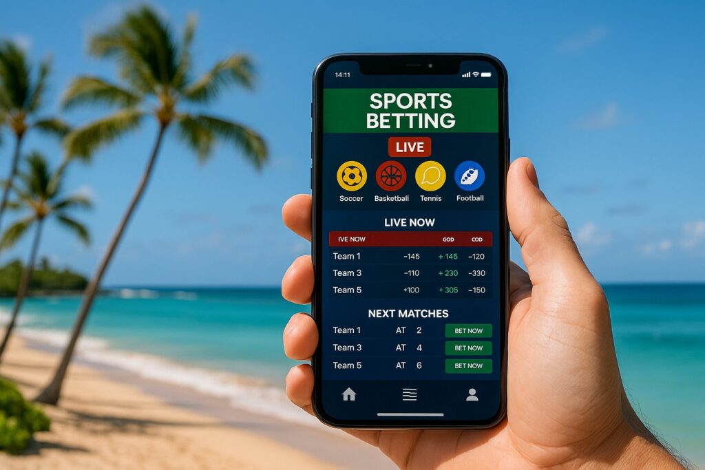 Person holding a smartphone displaying a sports betting app on a beach in Hawaii with palm trees and clear blue water. Discover top Hawaii sports betting apps today.