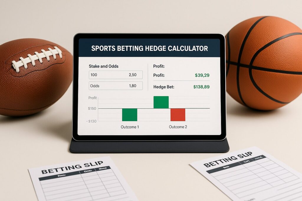 Sports Betting Hedge Calculator on tablet with basketball and football showcasing how to use our calculator effectively for maximizing profits and minimizing risk.