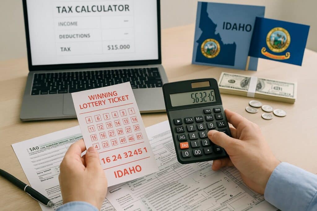 Man using Idaho Gambling and Lottery Tax Calculator with winning lottery ticket and forms on desk. Ensures accurate tax calculations for Idaho lottery winnings.
