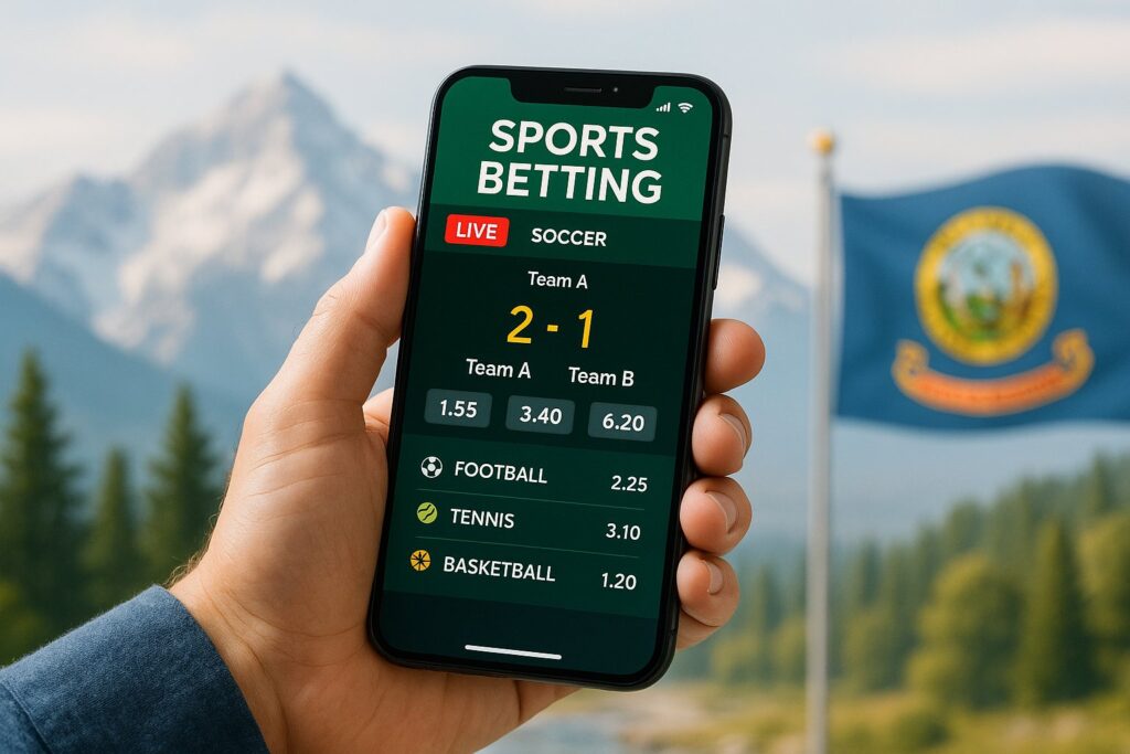 Person holding smartphone displaying sports betting apps in Idaho with mountains and Idaho state flag in the background ideal for Idaho sports betting apps enthusiasts.