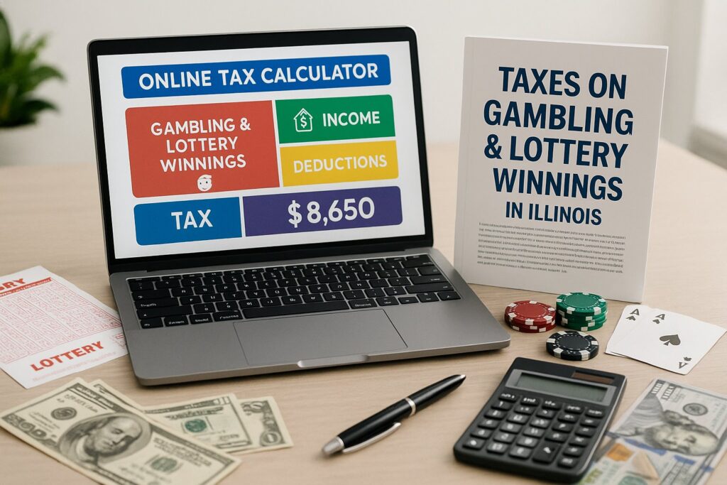Online Illinois Gambling and Lottery Tax Calculator showing tax deductions and income with a calculator and money nearby providing useful information on gambling taxes in Illinois.