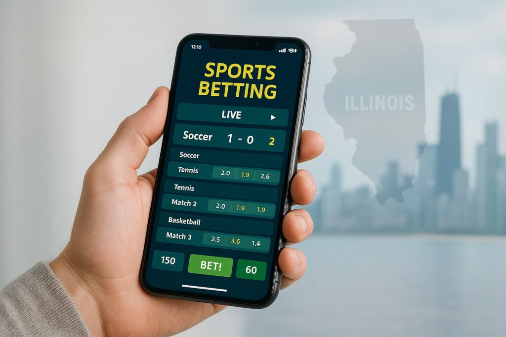 Person holding smartphone displaying sports betting app interface with live scores in Illinois. Ideal for those interested in Illinois sports betting apps for wagering.