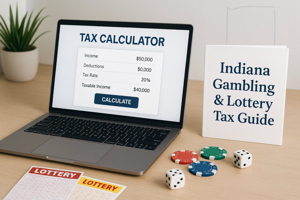 Laptop displaying a tax calculator next to an Indiana Gambling and Lottery Tax Guide with lottery tickets and poker chips nearby. Calculate taxes for gambling winnings.