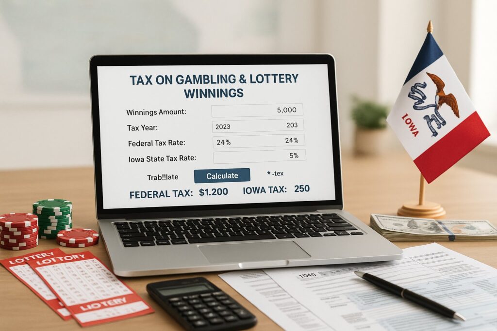 Laptop displaying Iowa Gambling and Lottery Tax Calculator for winnings. Includes tax year, federal tax rate, and Iowa state tax rate. Representatives of lottery and gambling winnings.