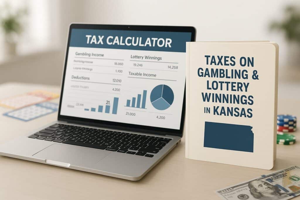 Laptop displaying Kansas Gambling and Lottery Tax Calculator and book on taxes for gambling and lottery winnings in Kansas, highlighting income and deductions details.
