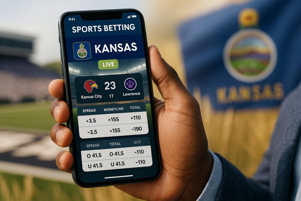 Person holding a smartphone displaying a live Kansas sports betting app interface for a game between Kansas City and Lawrence with odds and scores visible.