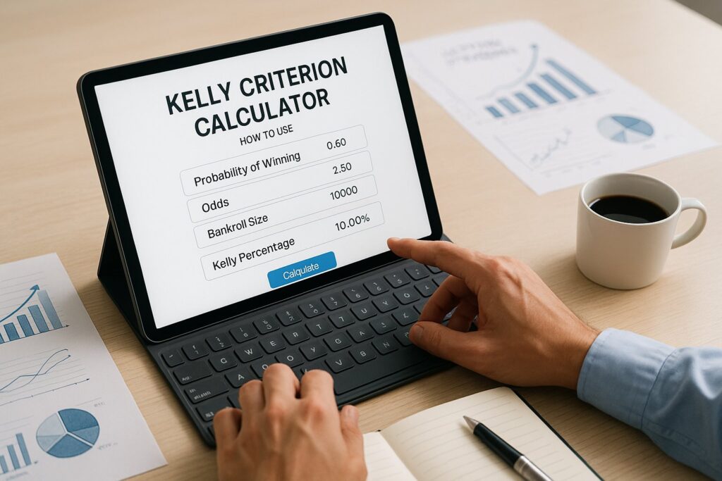 Laptop displaying Kelly Criterion Calculator interface showing fields for odds and stake. Learn how to use our calculator effectively to optimize betting strategies.