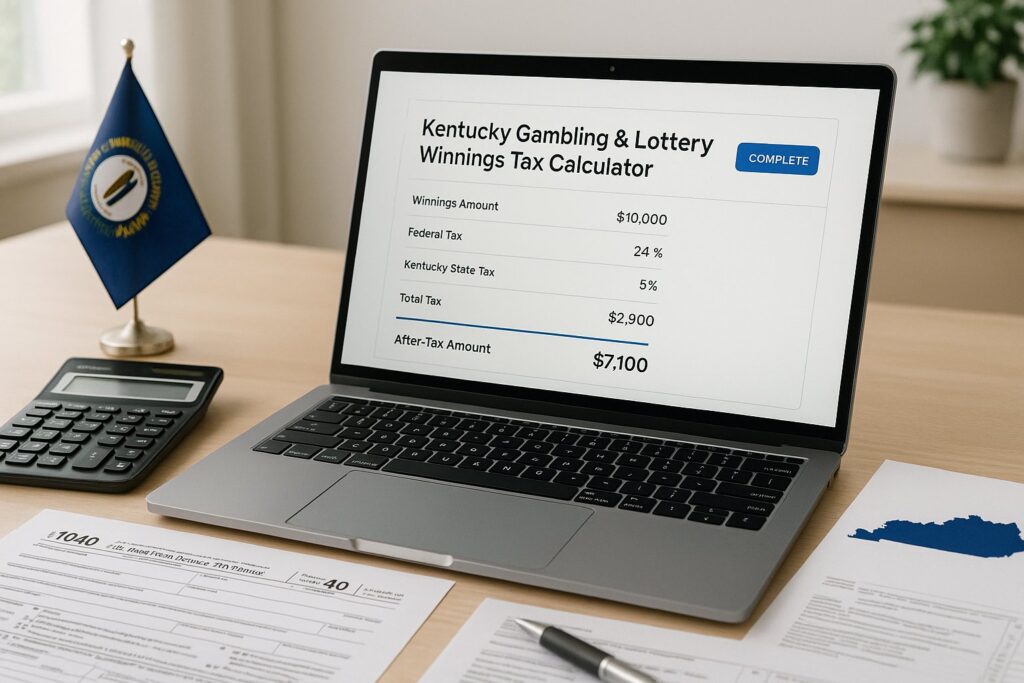 Laptop displaying Kentucky Gambling and Lottery Tax Calculator tool with tax details on a desk surrounded by a calculator Kentucky flag and tax documents.