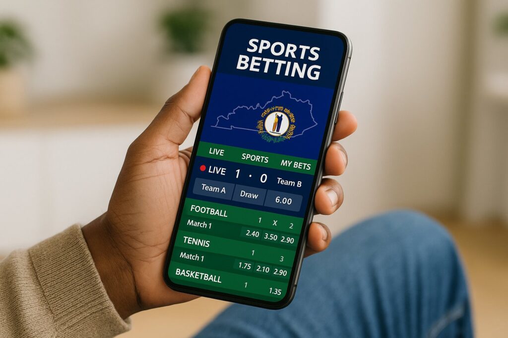 Person holding a smartphone displaying a sports betting app interface featuring live scores for football tennis and basketball. Ideal for users of Kentucky sports betting apps.