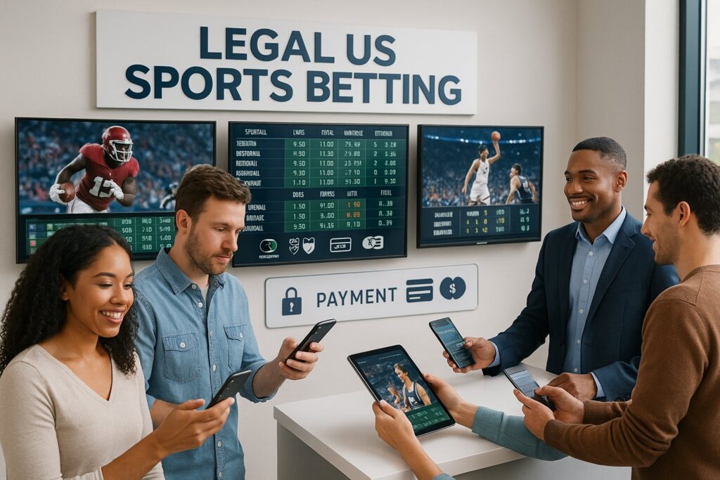 Group of diverse people using devices at a legal US sports betting venue displaying live game odds and results promoting Legal US Sports Betting Sites online.