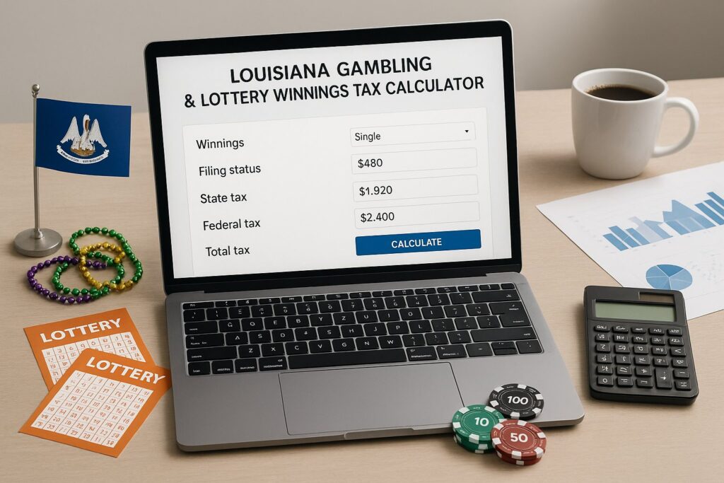 Laptop displaying Louisiana Gambling and Lottery Tax Calculator for single filing. Includes calculator, poker chips, and lottery tickets symbolizing taxes on winnings.