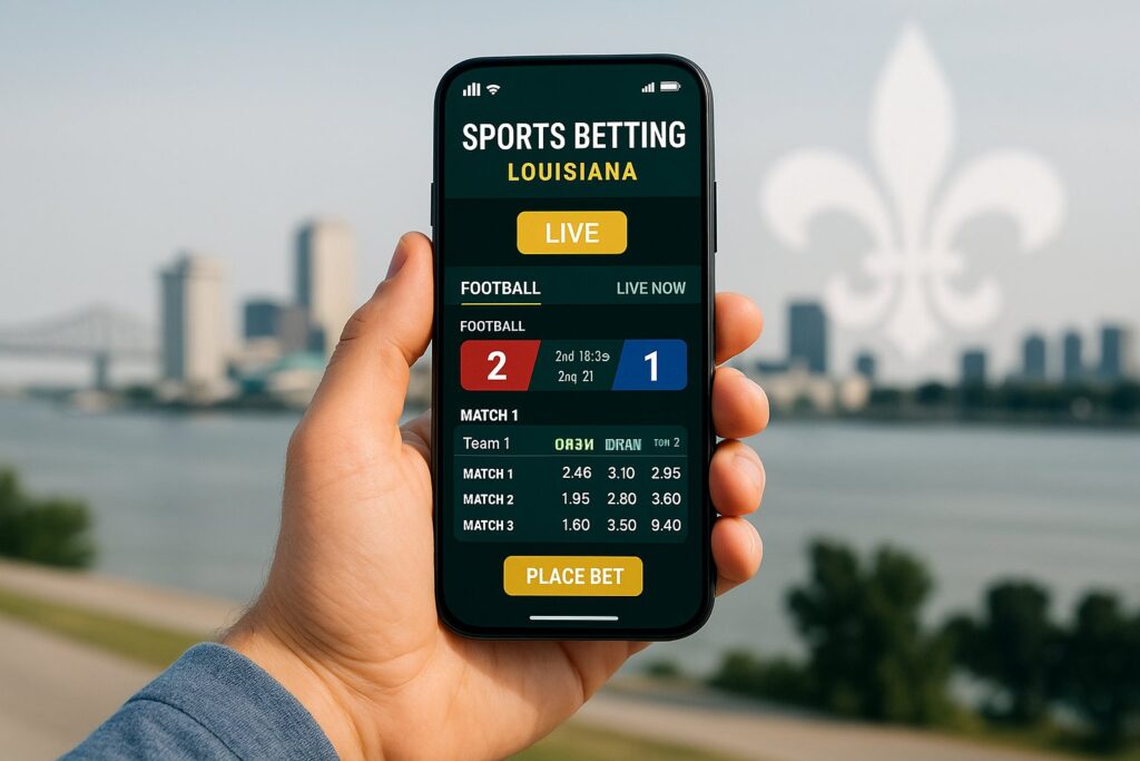 Mobile user engaged with a Louisiana Sports Betting App displaying live scores against the backdrop of a scenic Louisiana cityscape. Perfect for sports enthusiasts.