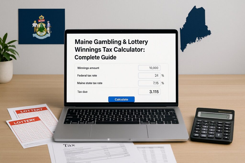 Laptop displaying Maine Gambling Tax Calculator with tax results alongside lottery tickets and a calculator emphasizing financial planning for gambling taxes in Maine.