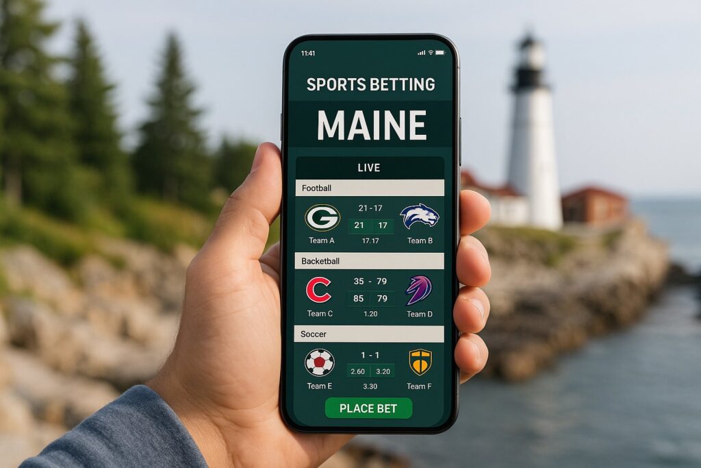 User holding a smartphone displaying a Maine sports betting app interface with live betting options against a scenic lighthouse background symbolizing Maine sports betting apps.
