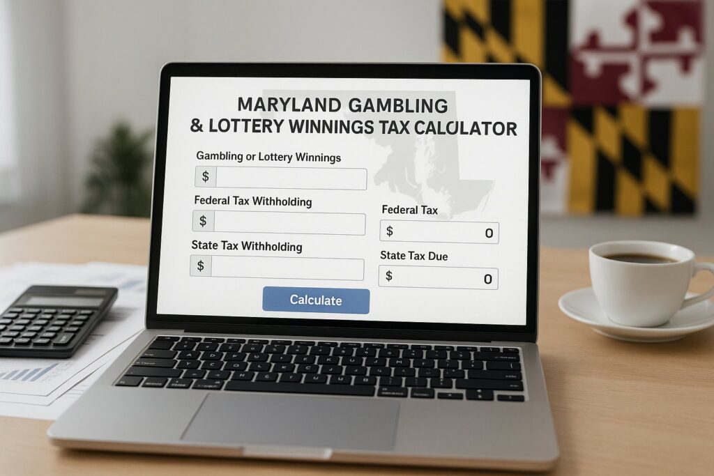 Laptop displaying Maryland Gambling and Lottery Tax Calculator for computing federal and state tax withholdings and dues with a background of a Maryland flag and coffee cup.