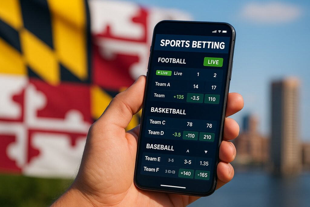 Person holding smartphone displaying sports betting app with Maryland flag visible in background, highlighting Maryland Sports Betting Apps for football, basketball, and baseball.
