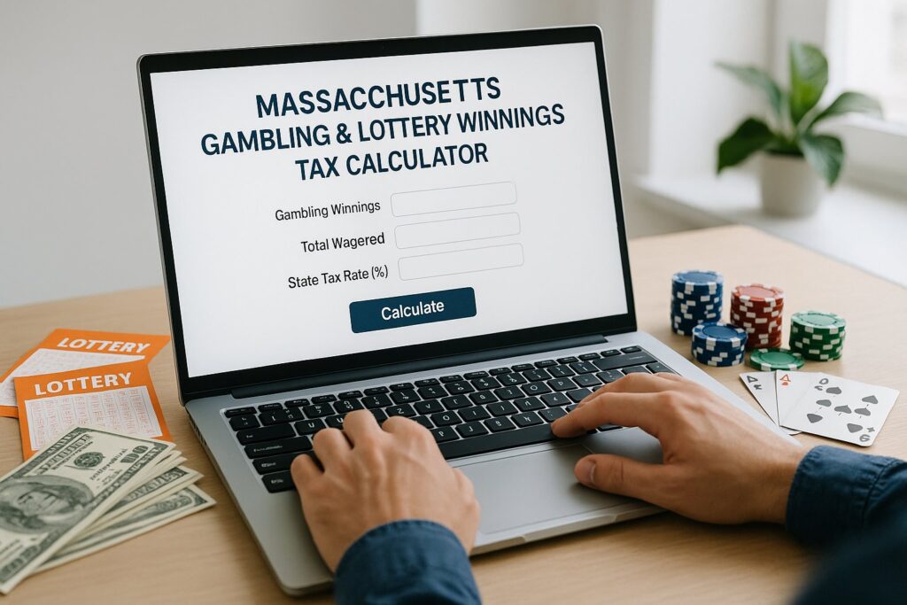 "Man using laptop with Massachusetts Gambling and Lottery Tax Calculator on screen surrounded by lottery tickets and poker chips for tax estimation"