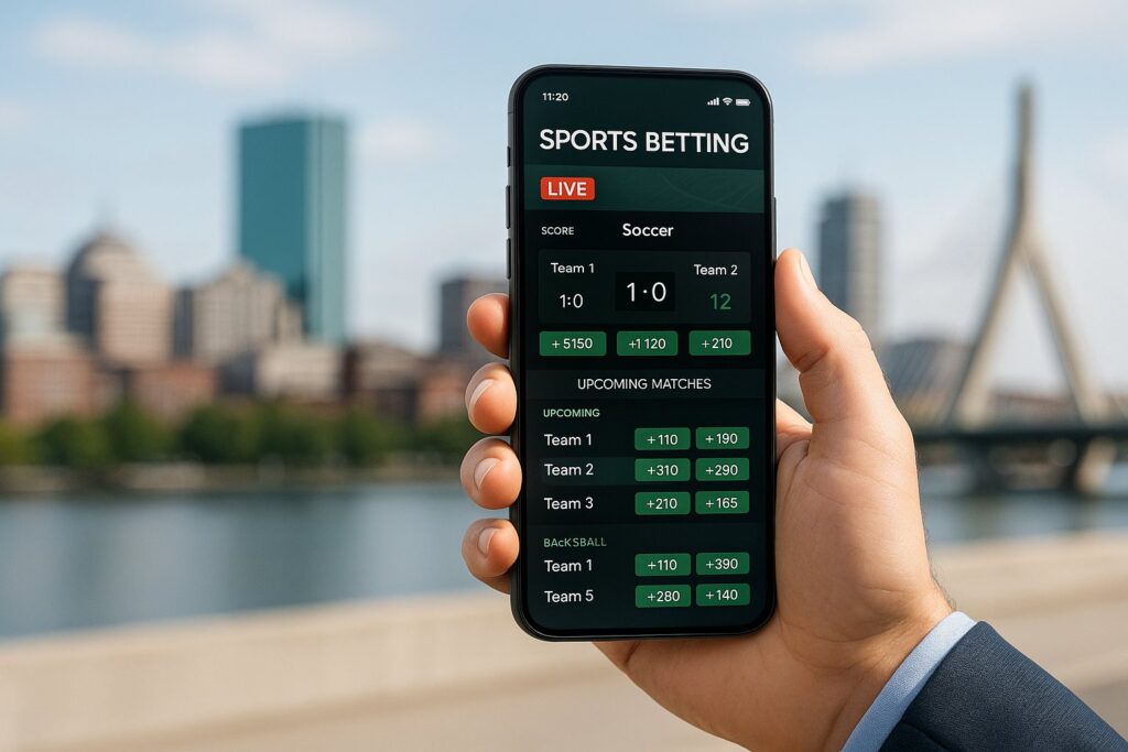 Person using a smartphone with a sports betting app in Massachusetts showcasing live scores and betting options highlighting popular Massachusetts sports betting apps.
