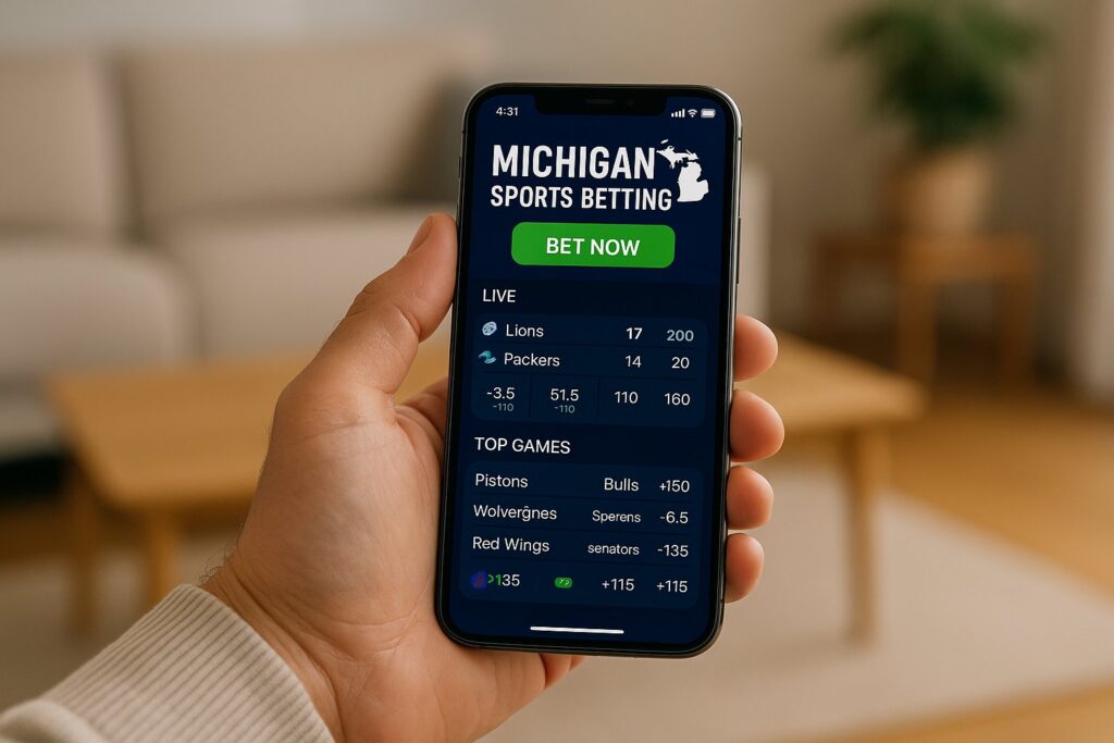 Hand holding smartphone showing Michigan Sports Betting Apps interface with live sports scores and betting options. Perfect for fans using Michigan sports betting apps.