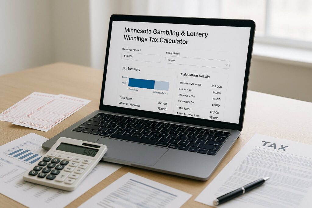 Laptop displaying Minnesota Gambling and Lottery Tax Calculator on a desk with documents and a calculator illustrating tax planning tools for lottery and gambling winnings.