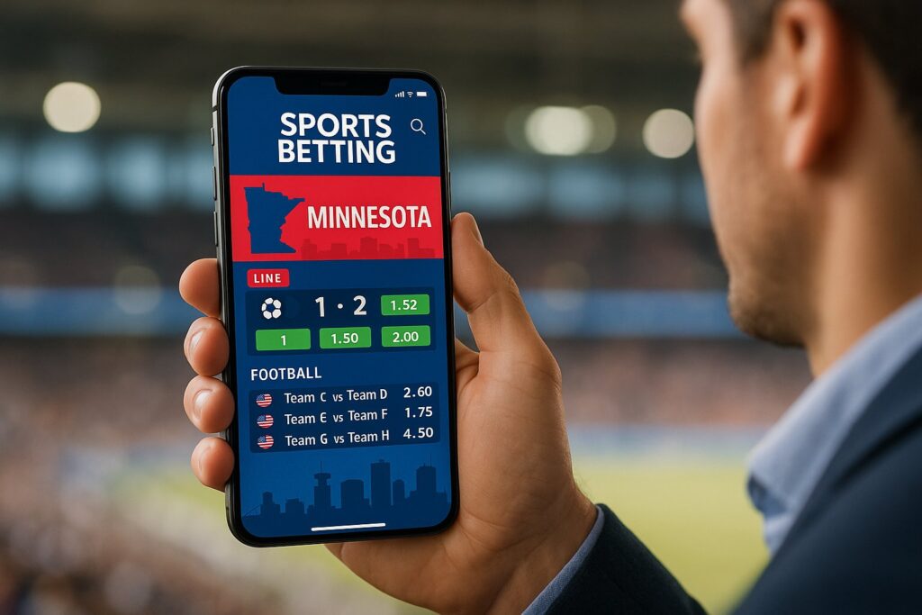 Person using smartphone to access Minnesota Sports Betting Apps showing live sports scores and betting options highlighting convenience of mobile wagering in Minnesota.