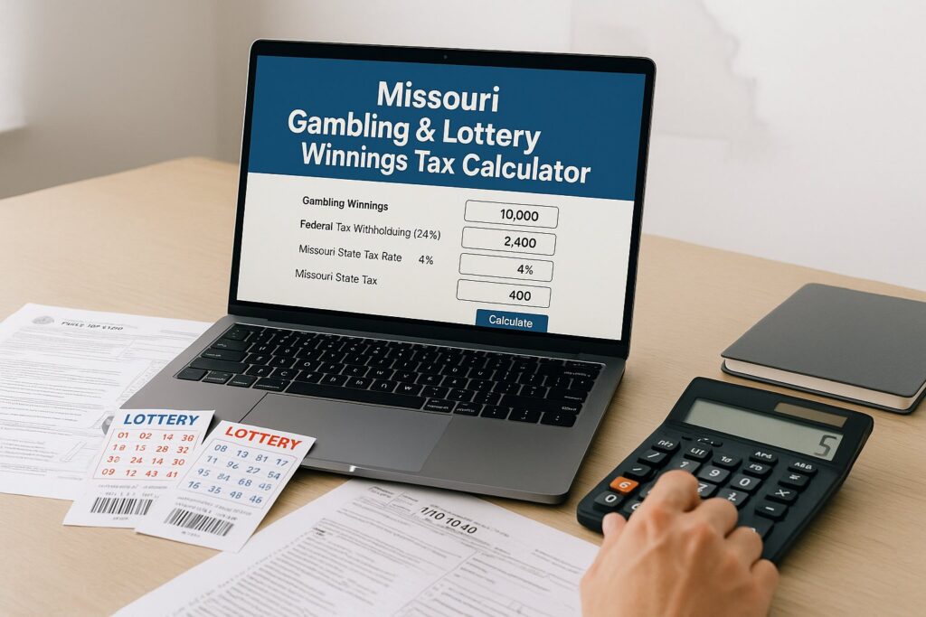 Missouri Gambling and Lottery Tax Calculator displayed on a laptop screen next to a calculator and lottery tickets helps users calculate potential taxes on their winnings.