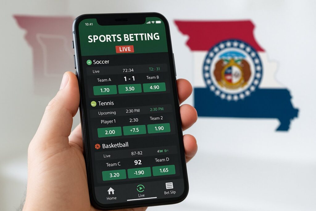 Person holding a smartphone displaying live sports betting options for soccer tennis and basketball, with Missouri map in the background. Ideal for Missouri Sports Betting Apps.