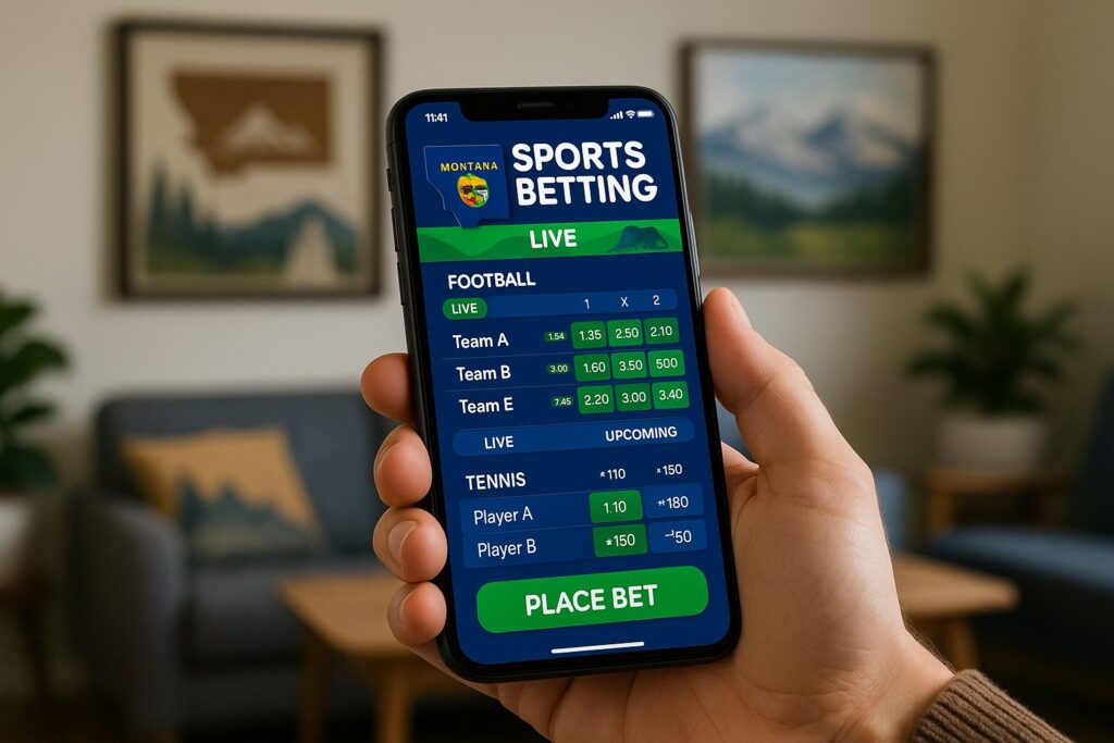 Person holding phone displaying Montana sports betting apps interface with live football and tennis odds in a cozy living room setting perfect for online gambling.