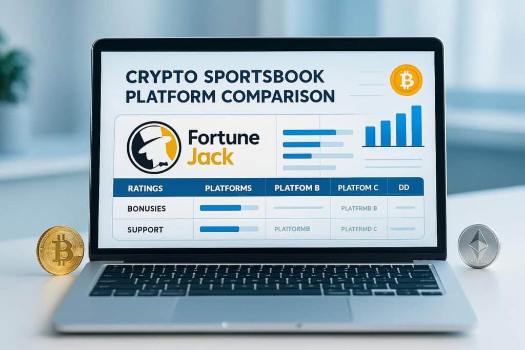 Crypto sportsbook comparison on a laptop screen featuring My FortuneJack Sportsbook Crypto Review vs Competitors Reviews highlighting bonuses and support ratings.