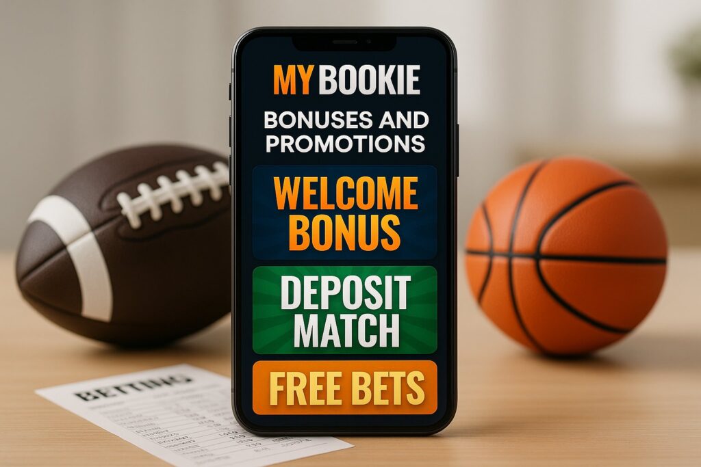 Smartphone displaying MyBookie Bonuses and Promotions welcome bonus deposit match and free bets against a background of football basketball and betting slip on a table.