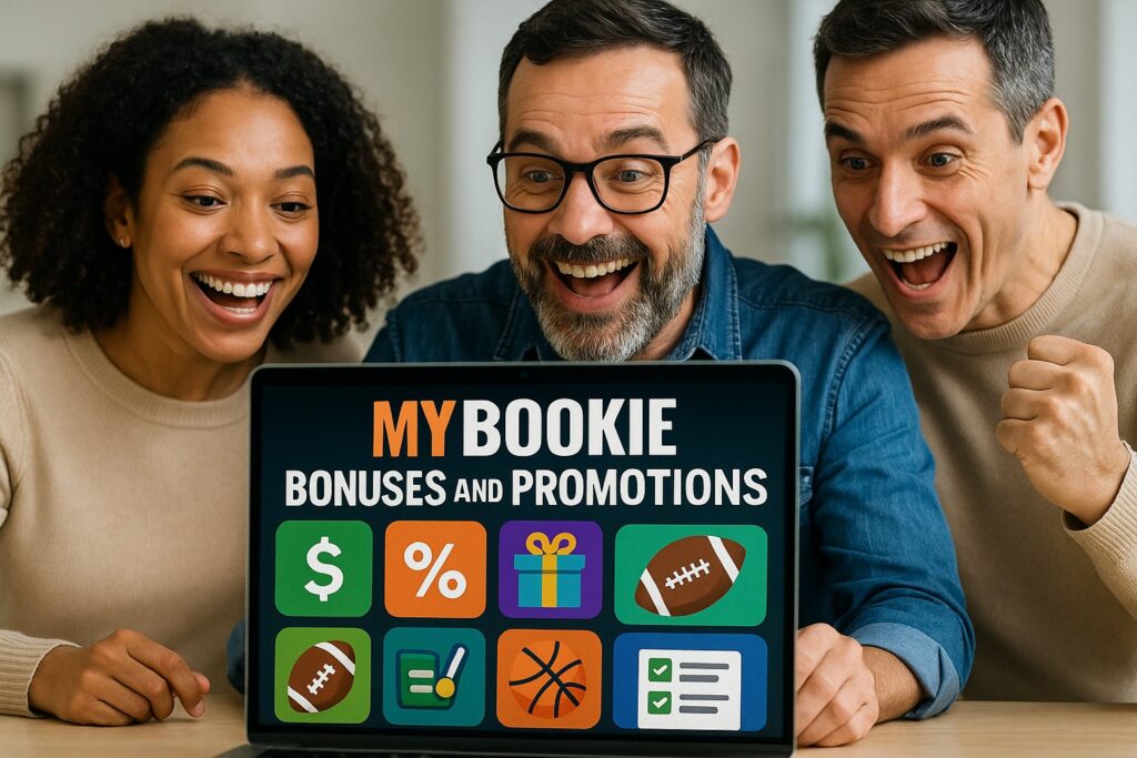 Excited group looking at laptop screen displaying MyBookie Bonuses and Promotions icons including dollar sign percentage gift and sports graphics illustrating betting rewards.