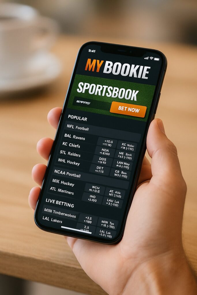 Hand holding smartphone displaying MyBookie Mobile App with sports betting options for NFL football NHL hockey and NCAA basketball enhancing online wagering experience.